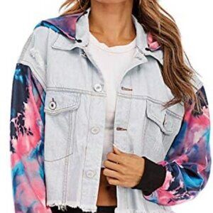 C+D+M‎ Womens Crop Denim Jacket With Tie-Dye Sleeves & Hood detachable
